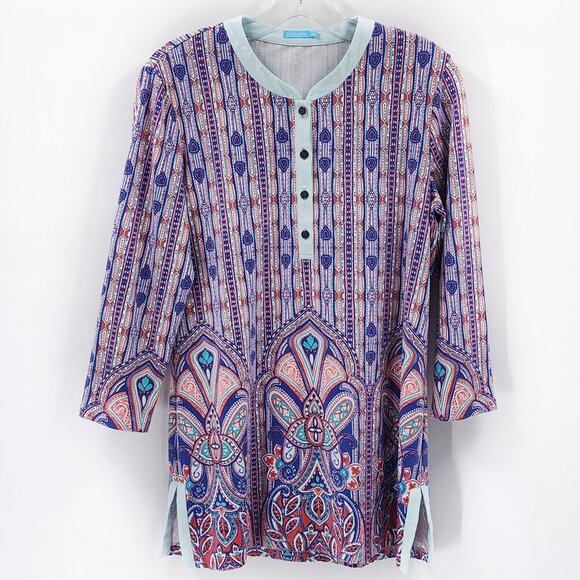 J. McLAUGHLIN 3/4 Sleeve Stretch Geometric Print Tunic Top - Picture 1 of 4